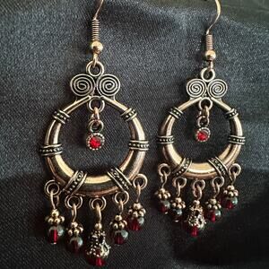 Bollywood Boho RoseGold tone Oxidized earrings with Red accent
